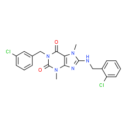 ChemSpider 2D Image | 1-(3-Chlorobenzyl)-8-[(2-chlorobenzyl)amino]-3,7-dimethyl-3,7-dihydro-1H-purine-2,6-dione | C21H19Cl2N5O2