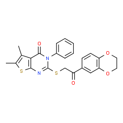 ChemSpider 2D Image | 2-{[2-(2,3-Dihydro-1,4-benzodioxin-6-yl)-2-oxoethyl]sulfanyl}-5,6-dimethyl-3-phenylthieno[2,3-d]pyrimidin-4(3H)-one | C24H20N2O4S2