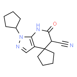 ChemSpider 2D Image | 1'-Cyclopentyl-6'-oxo-1',5',6',7'-tetrahydrospiro[cyclopentane-1,4'-pyrazolo[3,4-b]pyridine]-5'-carbonitrile | C16H20N4O