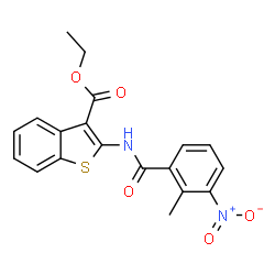 ChemSpider 2D Image | Ethyl 2-[(2-methyl-3-nitrobenzoyl)amino]-1-benzothiophene-3-carboxylate | C19H16N2O5S