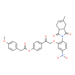 ChemSpider 2D Image | 4-{[2-(5-Methyl-1,3-dioxo-1,3,3a,4,7,7a-hexahydro-2H-isoindol-2-yl)-5-nitrophenoxy]acetyl}phenyl (4-methoxyphenyl)acetate | C32H28N2O9