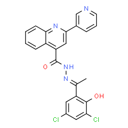 ChemSpider 2D Image | N'-[(1E)-1-(3,5-Dichloro-2-hydroxyphenyl)ethylidene]-2-(3-pyridinyl)-4-quinolinecarbohydrazide | C23H16Cl2N4O2