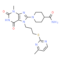 ChemSpider 2D Image | 1-(3-Methyl-7-{3-[(4-methyl-2-pyrimidinyl)sulfanyl]propyl}-2,6-dioxo-2,3,6,7-tetrahydro-1H-purin-8-yl)-4-piperidinecarboxamide | C20H26N8O3S