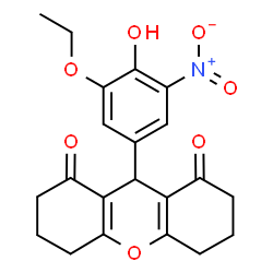ChemSpider 2D Image | 9-(3-Ethoxy-4-hydroxy-5-nitrophenyl)-3,4,5,6,7,9-hexahydro-1H-xanthene-1,8(2H)-dione | C21H21NO7