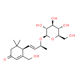 ChemSpider 2D Image | (2S,3E)-4-[(1R)-2-(Hydroxymethyl)-6,6-dimethyl-4-oxo-2-cyclohexen-1-yl]-3-buten-2-yl beta-D-glucopyranoside | C19H30O8