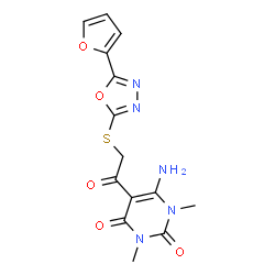 ChemSpider 2D Image | 6-Amino-5-({[5-(2-furyl)-1,3,4-oxadiazol-2-yl]sulfanyl}acetyl)-1,3-dimethyl-2,4(1H,3H)-pyrimidinedione | C14H13N5O5S