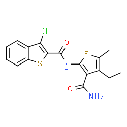 ChemSpider 2D Image | N-(3-Carbamoyl-4-ethyl-5-methyl-2-thienyl)-3-chloro-1-benzothiophene-2-carboxamide | C17H15ClN2O2S2