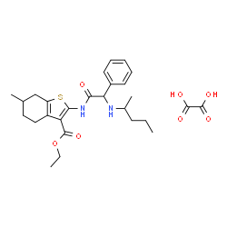 ChemSpider 2D Image | Ethyl 6-methyl-2-{[(2-pentanylamino)(phenyl)acetyl]amino}-4,5,6,7-tetrahydro-1-benzothiophene-3-carboxylate ethanedioate (1:1) | C27H36N2O7S