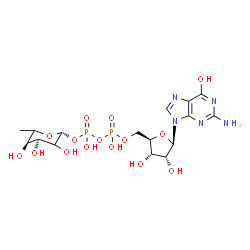ChemSpider 2D Image | [(2R,3S,4R,5R)-5-(2-Amino-6-hydroxy-9H-purin-9-yl)-3,4-dihydroxytetrahydro-2-furanyl]methyl (2R,4S,5R)-3,4,5-trihydroxy-6-methyltetrahydro-2H-pyran-2-yl dihydrogen diphosphate (non-preferred name) | C16H25N5O15P2
