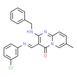 ChemSpider 2D Image | 2-(Benzylamino)-3-{(E)-[(3-chlorophenyl)imino]methyl}-7-methyl-4H-pyrido[1,2-a]pyrimidin-4-one | C23H19ClN4O