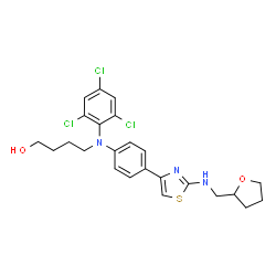 ChemSpider 2D Image | 4-[(4-{2-[(Tetrahydro-2-furanylmethyl)amino]-1,3-thiazol-4-yl}phenyl)(2,4,6-trichlorophenyl)amino]-1-butanol | C24H26Cl3N3O2S