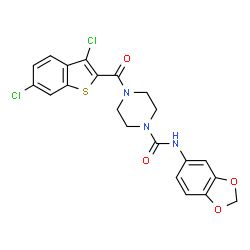 ChemSpider 2D Image | N-(1,3-Benzodioxol-5-yl)-4-[(3,6-dichloro-1-benzothiophen-2-yl)carbonyl]-1-piperazinecarboxamide | C21H17Cl2N3O4S