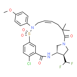 ChemSpider 2D Image | (4S,5R,11Z)-19-Chloro-5-(difluoromethyl)-14-(4-methoxyphenyl)-9,9-dimethyl-15-thia-3,7,14-triazatricyclo[14.3.1.1~4,7~]henicosa-1(20),11,16,18-tetraene-2,8-dione 15,15-dioxide | C27H30ClF2N3O5S
