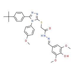 ChemSpider 2D Image | 2-{[5-(4-tert-Butylphenyl)-4-(4-methoxyphenyl)-4H-1,2,4-triazol-3-yl]sulfanyl}-N'-[(E)-(4-hydroxy-3,5-dimethoxyphenyl)methylene]acetohydrazide | C30H33N5O5S