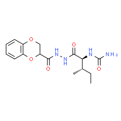 ChemSpider 2D Image | 1-{(2S,3S)-1-[2-(2,3-Dihydro-1,4-benzodioxin-2-ylcarbonyl)hydrazino]-3-methyl-1-oxo-2-pentanyl}urea | C16H22N4O5