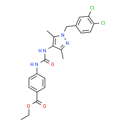 ChemSpider 2D Image | Ethyl 4-({[1-(3,4-dichlorobenzyl)-3,5-dimethyl-1H-pyrazol-4-yl]carbamoyl}amino)benzoate | C22H22Cl2N4O3