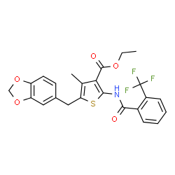 ChemSpider 2D Image | Ethyl 5-(1,3-benzodioxol-5-ylmethyl)-4-methyl-2-{[2-(trifluoromethyl)benzoyl]amino}-3-thiophenecarboxylate | C24H20F3NO5S