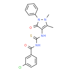 ChemSpider 2D Image | 3-Chloro-N-[(1,5-dimethyl-3-oxo-2-phenyl-2,3-dihydro-1H-pyrazol-4-yl)carbamothioyl]benzamide | C19H17ClN4O2S