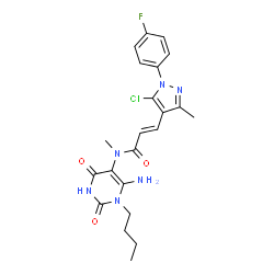 ChemSpider 2D Image | (2E)-N-(6-Amino-1-butyl-2,4-dioxo-1,2,3,4-tetrahydro-5-pyrimidinyl)-3-[5-chloro-1-(4-fluorophenyl)-3-methyl-1H-pyrazol-4-yl]-N-methylacrylamide | C22H24ClFN6O3