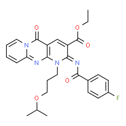 ChemSpider 2D Image | Ethyl (2Z)-2-[(4-fluorobenzoyl)imino]-1-(3-isopropoxypropyl)-5-oxo-1,5-dihydro-2H-dipyrido[1,2-a:2',3'-d]pyrimidine-3-carboxylate | C27H27FN4O5