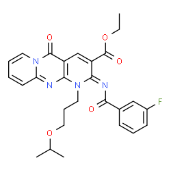 ChemSpider 2D Image | Ethyl (2Z)-2-[(3-fluorobenzoyl)imino]-1-(3-isopropoxypropyl)-5-oxo-1,5-dihydro-2H-dipyrido[1,2-a:2',3'-d]pyrimidine-3-carboxylate | C27H27FN4O5