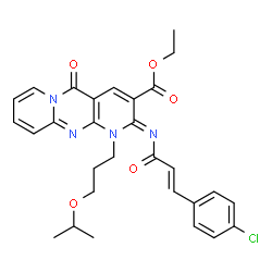 ChemSpider 2D Image | Ethyl (2Z)-2-{[(2E)-3-(4-chlorophenyl)-2-propenoyl]imino}-1-(3-isopropoxypropyl)-5-oxo-1,5-dihydro-2H-dipyrido[1,2-a:2',3'-d]pyrimidine-3-carboxylate | C29H29ClN4O5