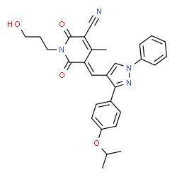 ChemSpider 2D Image | (5E)-1-(3-Hydroxypropyl)-5-{[3-(4-isopropoxyphenyl)-1-phenyl-1H-pyrazol-4-yl]methylene}-4-methyl-2,6-dioxo-1,2,5,6-tetrahydro-3-pyridinecarbonitrile | C29H28N4O4