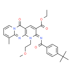 ChemSpider 2D Image | Ethyl (2Z)-2-[(4-tert-butylbenzoyl)imino]-1-(2-methoxyethyl)-10-methyl-5-oxo-1,5-dihydro-2H-dipyrido[1,2-a:2',3'-d]pyrimidine-3-carboxylate | C29H32N4O5