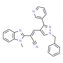 ChemSpider 2D Image | (2E)-3-[1-Benzyl-3-(3-pyridinyl)-1H-pyrazol-4-yl]-2-(1-methyl-1H-benzimidazol-2-yl)acrylonitrile | C26H20N6