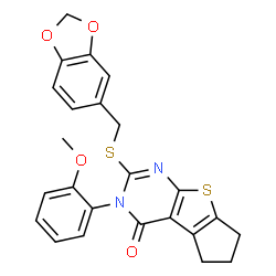 ChemSpider 2D Image | 2-[(1,3-Benzodioxol-5-ylmethyl)sulfanyl]-3-(2-methoxyphenyl)-3,5,6,7-tetrahydro-4H-cyclopenta[4,5]thieno[2,3-d]pyrimidin-4-one | C24H20N2O4S2