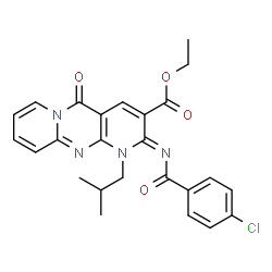 ChemSpider 2D Image | Ethyl (2Z)-2-[(4-chlorobenzoyl)imino]-1-isobutyl-5-oxo-1,5-dihydro-2H-dipyrido[1,2-a:2',3'-d]pyrimidine-3-carboxylate | C25H23ClN4O4