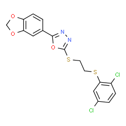 ChemSpider 2D Image | 2-(1,3-Benzodioxol-5-yl)-5-({2-[(2,5-dichlorophenyl)sulfanyl]ethyl}sulfanyl)-1,3,4-oxadiazole | C17H12Cl2N2O3S2