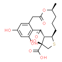 ChemSpider 2D Image | (1R,3aR,7S,15aR)-1,12,14-Trihydroxy-7-methyl-9,15-dioxo-1,2,4,5,6,7,9,10,15,15a-decahydro-3aH-thieno[2,3-h][3]benzoxacyclododecine-1-carboxylic acid | C19H22O8S