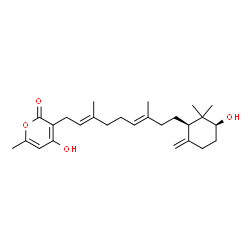 ChemSpider 2D Image | 4-Hydroxy-3-{(2E,6E)-9-[(1R,3S)-3-hydroxy-2,2-dimethyl-6-methylenecyclohexyl]-3,7-dimethyl-2,6-nonadien-1-yl}-6-methyl-2H-pyran-2-one | C26H38O4