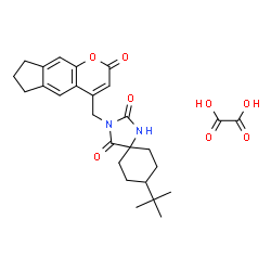 ChemSpider 2D Image | 8-(2-Methyl-2-propanyl)-3-[(2-oxo-2,6,7,8-tetrahydrocyclopenta[g]chromen-4-yl)methyl]-1,3-diazaspiro[4.5]decane-2,4-dione ethanedioate (1:1) | C27H32N2O8