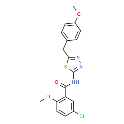 ChemSpider 2D Image | 5-Chloro-2-methoxy-N-[5-(4-methoxybenzyl)-1,3,4-thiadiazol-2-yl]benzamide | C18H16ClN3O3S