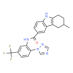 ChemSpider 2D Image | 3-Methyl-N-[2-(1H-1,2,4-triazol-1-yl)-5-(trifluoromethyl)phenyl]-2,3,4,9-tetrahydro-1H-carbazole-6-carboxamide | C23H20F3N5O