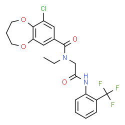 ChemSpider 2D Image | 9-Chloro-N-ethyl-N-(2-oxo-2-{[2-(trifluoromethyl)phenyl]amino}ethyl)-3,4-dihydro-2H-1,5-benzodioxepine-7-carboxamide | C21H20ClF3N2O4