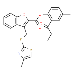 ChemSpider 2D Image | 4-Methyl-2-propionylphenyl 3-{[(4-methyl-1,3-thiazol-2-yl)sulfanyl]methyl}-1-benzofuran-2-carboxylate | C24H21NO4S2