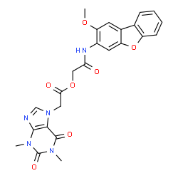 ChemSpider 2D Image | 2-[(2-Methoxydibenzo[b,d]furan-3-yl)amino]-2-oxoethyl (1,3-dimethyl-2,6-dioxo-1,2,3,6-tetrahydro-7H-purin-7-yl)acetate | C24H21N5O7