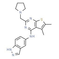 ChemSpider 2D Image | N-(1H-Indazol-5-yl)-5,6-dimethyl-2-(1-pyrrolidinylmethyl)thieno[2,3-d]pyrimidin-4-amine | C20H22N6S