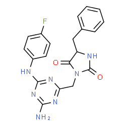 ChemSpider 2D Image | 3-({4-Amino-6-[(4-fluorophenyl)amino]-1,3,5-triazin-2-yl}methyl)-5-benzyl-2,4-imidazolidinedione | C20H18FN7O2