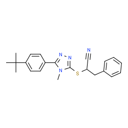 ChemSpider 2D Image | 2-({4-Methyl-5-[4-(2-methyl-2-propanyl)phenyl]-4H-1,2,4-triazol-3-yl}sulfanyl)-3-phenylpropanenitrile | C22H24N4S