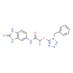 ChemSpider 2D Image | 2-[(1-Benzyl-1H-tetrazol-5-yl)sulfanyl]-N-(2-oxo-2,3-dihydro-1H-benzimidazol-5-yl)propanamide | C18H17N7O2S
