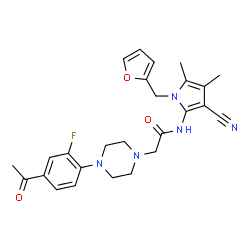 ChemSpider 2D Image | 2-[4-(4-Acetyl-2-fluorophenyl)-1-piperazinyl]-N-[3-cyano-1-(2-furylmethyl)-4,5-dimethyl-1H-pyrrol-2-yl]acetamide | C26H28FN5O3