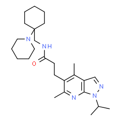 ChemSpider 2D Image | 3-(1-Isopropyl-4,6-dimethyl-1H-pyrazolo[3,4-b]pyridin-5-yl)-N-{[1-(1-piperidinyl)cyclohexyl]methyl}propanamide | C26H41N5O