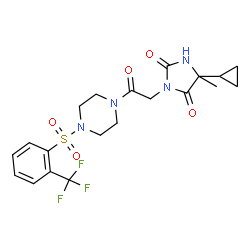 ChemSpider 2D Image | 5-Cyclopropyl-5-methyl-3-[2-oxo-2-(4-{[2-(trifluoromethyl)phenyl]sulfonyl}-1-piperazinyl)ethyl]-2,4-imidazolidinedione | C20H23F3N4O5S