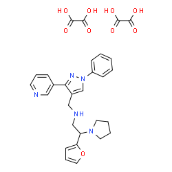 ChemSpider 2D Image | 2-(2-Furyl)-N-{[1-phenyl-3-(3-pyridinyl)-1H-pyrazol-4-yl]methyl}-2-(1-pyrrolidinyl)ethanamine ethanedioate (1:2) | C29H31N5O9
