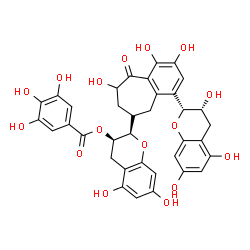 ChemSpider 2D Image | (2R,3R)-5,7-Dihydroxy-2-{(6S)-1,2,8-trihydroxy-9-oxo-4-[(2R,3R)-3,5,7-trihydroxy-3,4-dihydro-2H-chromen-2-yl]-6,7,8,9-tetrahydro-5H-benzo[7]annulen-6-yl}-3,4-dihydro-2H-chromen-3-yl 3,4,5-trihydroxybe
nzoate | C36H32O16