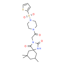 ChemSpider 2D Image | 7,7,9-Trimethyl-3-{2-oxo-2-[4-(2-thienylsulfonyl)-1-piperazinyl]ethyl}-1,3-diazaspiro[4.5]decane-2,4-dione | C21H30N4O5S2